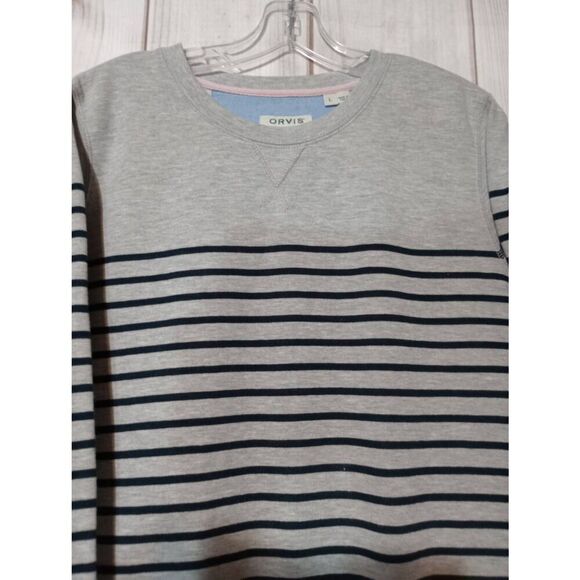 Orvis Sweatshirt Ladies Large Gray Navy Striped - Picture 3 of 10